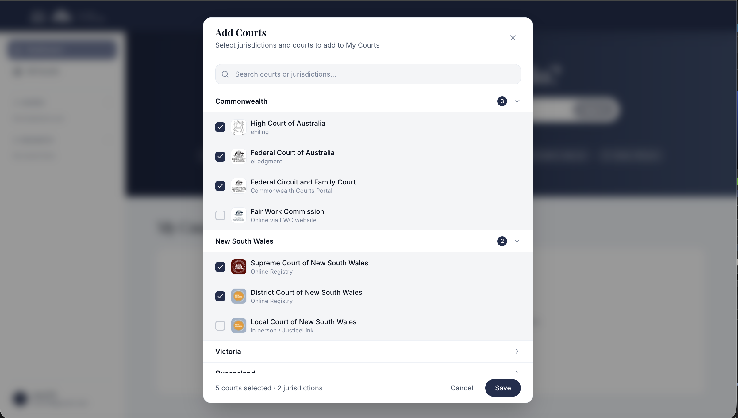 ABA add courts modal: single modal replacing the original 4-step wizard
