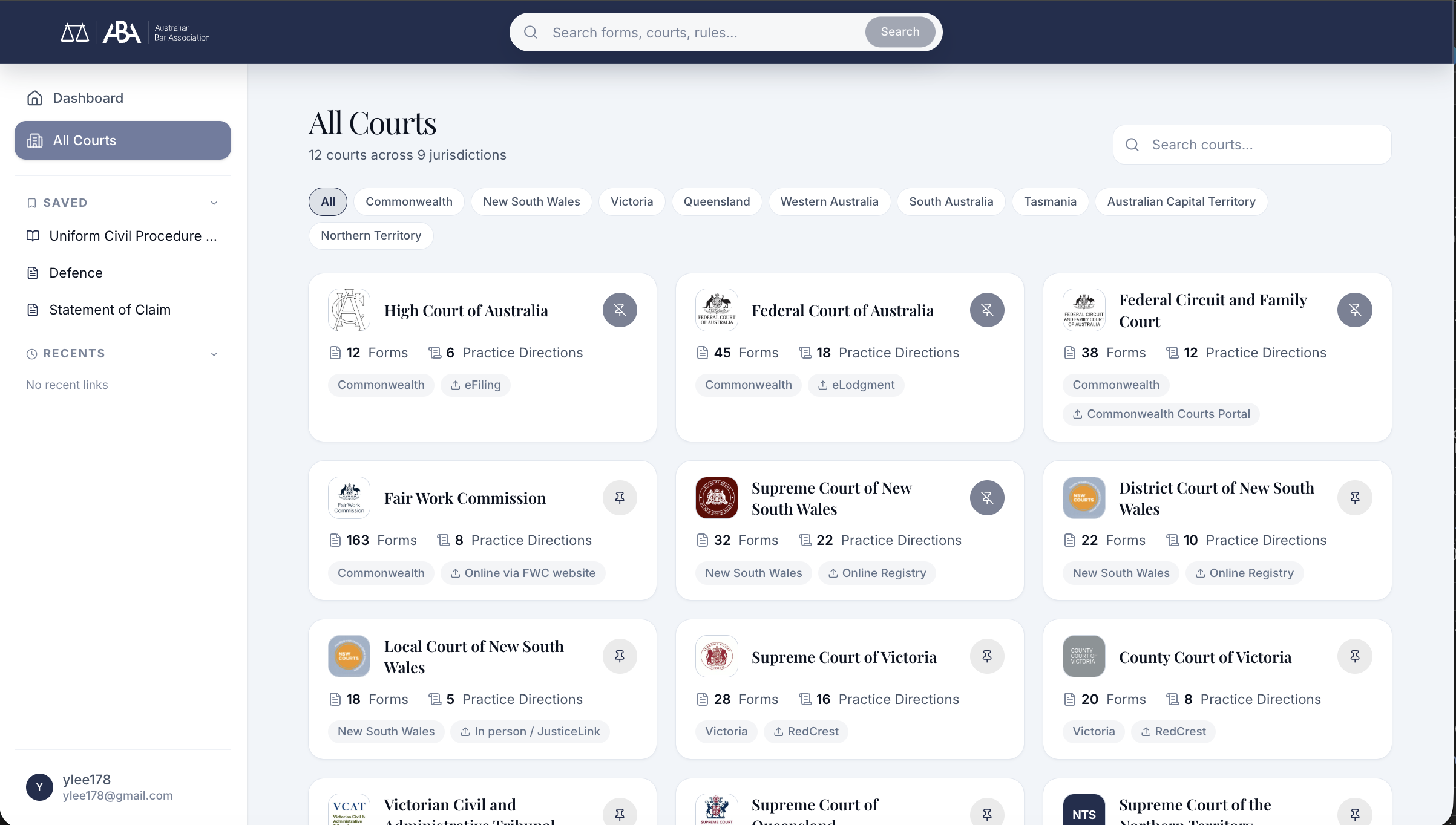 ABA all courts: 12 courts across 9 jurisdictions with form counts, practice directions, and filing methods