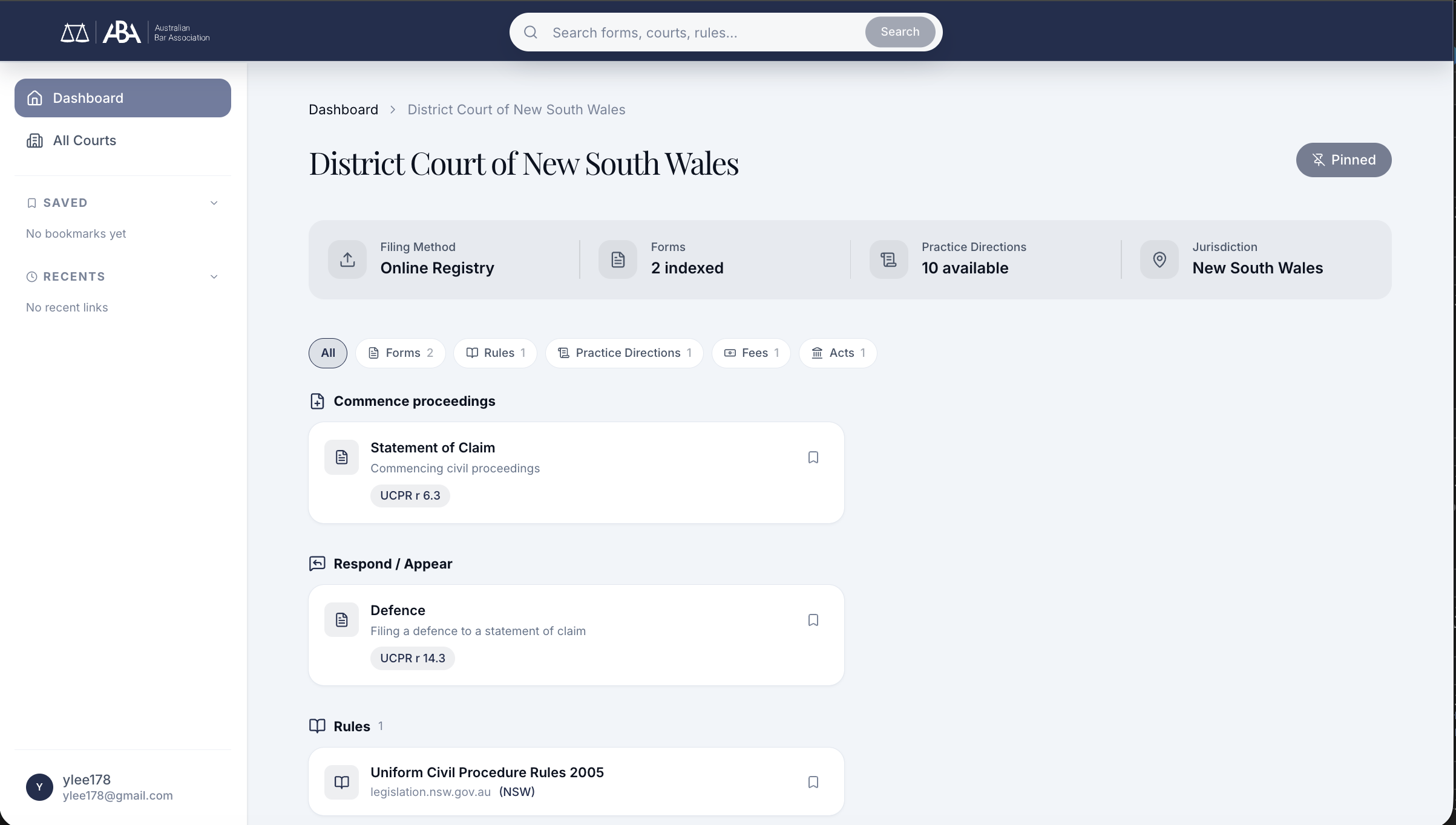 ABA court detail: District Court of NSW with forms grouped by task intent