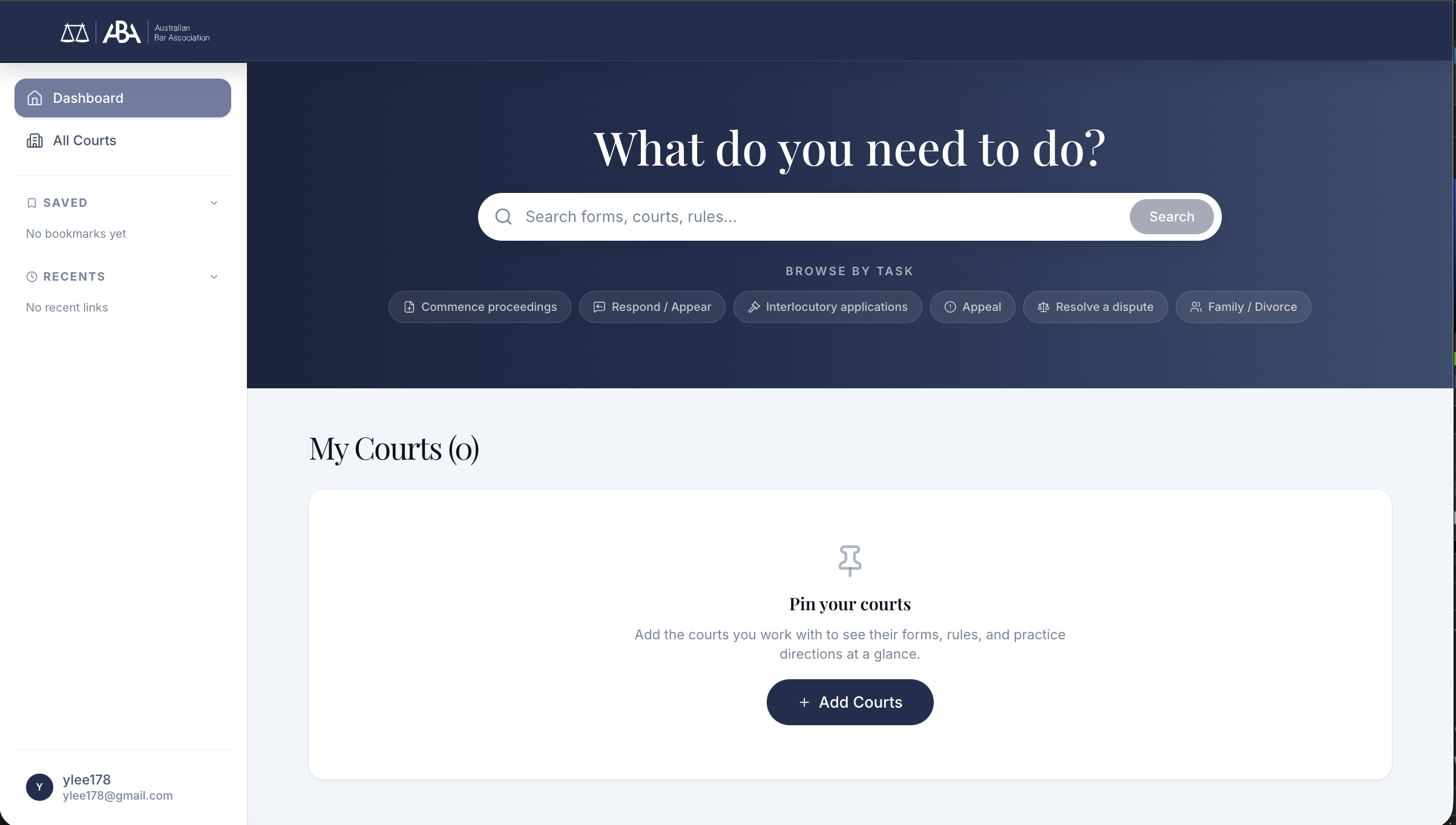 ABA dashboard: task-based entry with search, Browse by Task shortcuts, and empty My Courts state