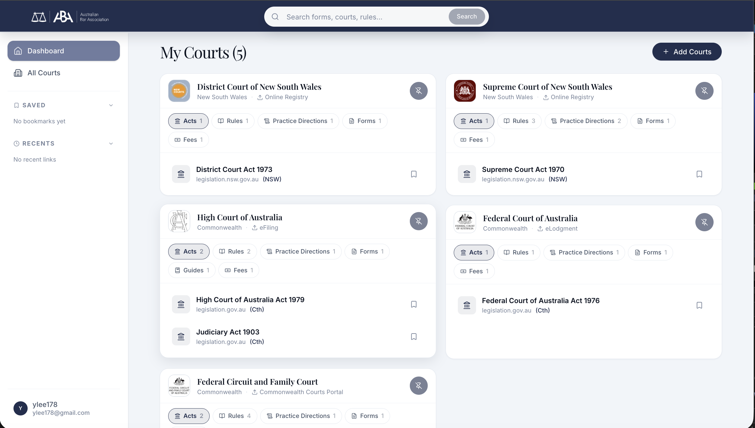 ABA My Courts: pinned courts with acts, rules, and forms