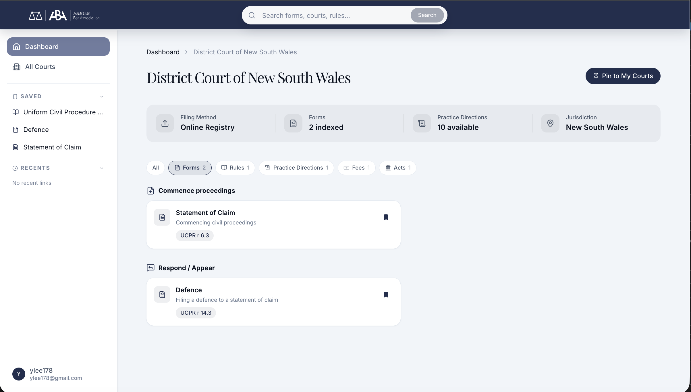 ABA saved items and recent links in the left panel