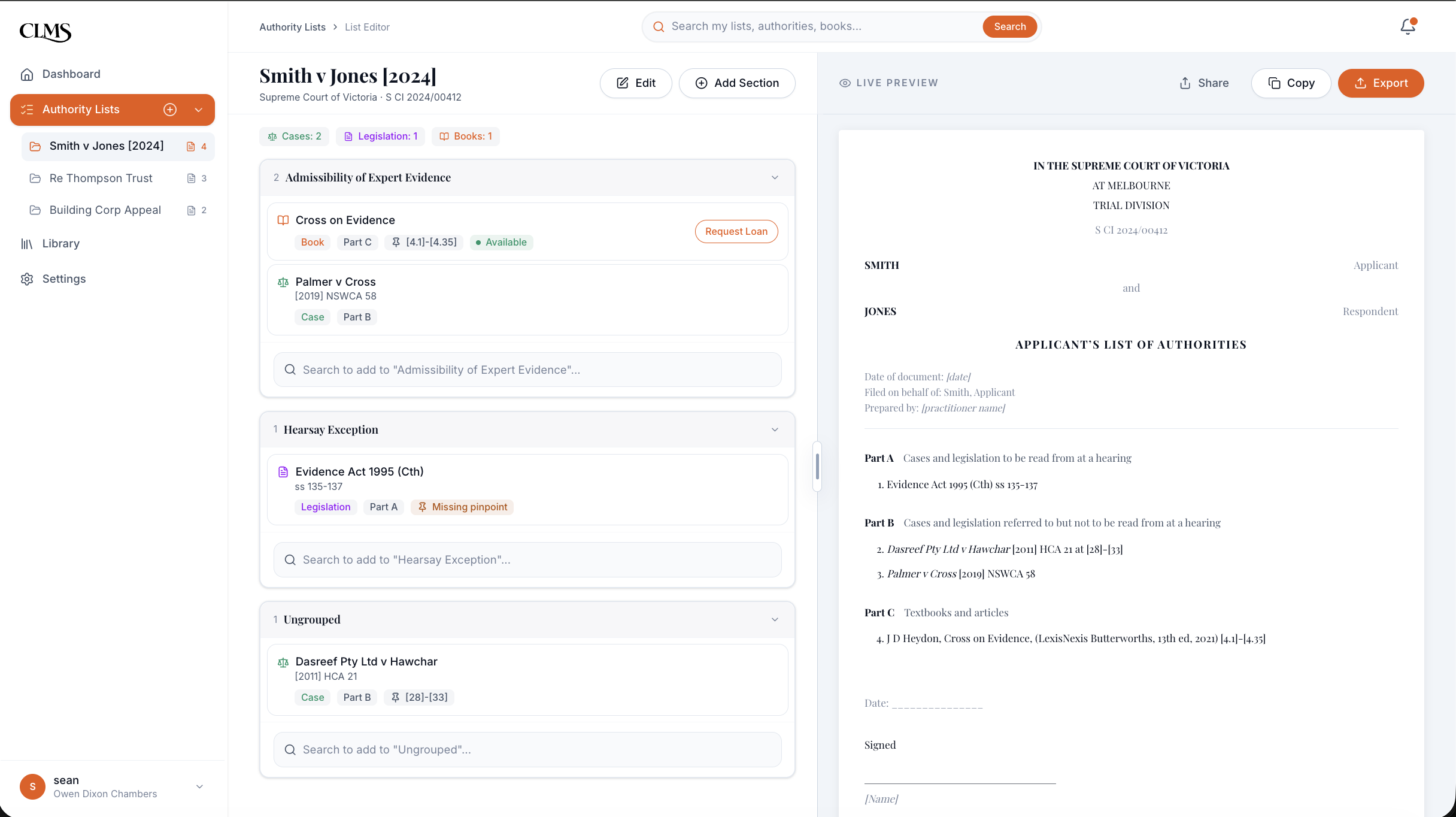 CLMS authority list editor with live court-formatted document preview