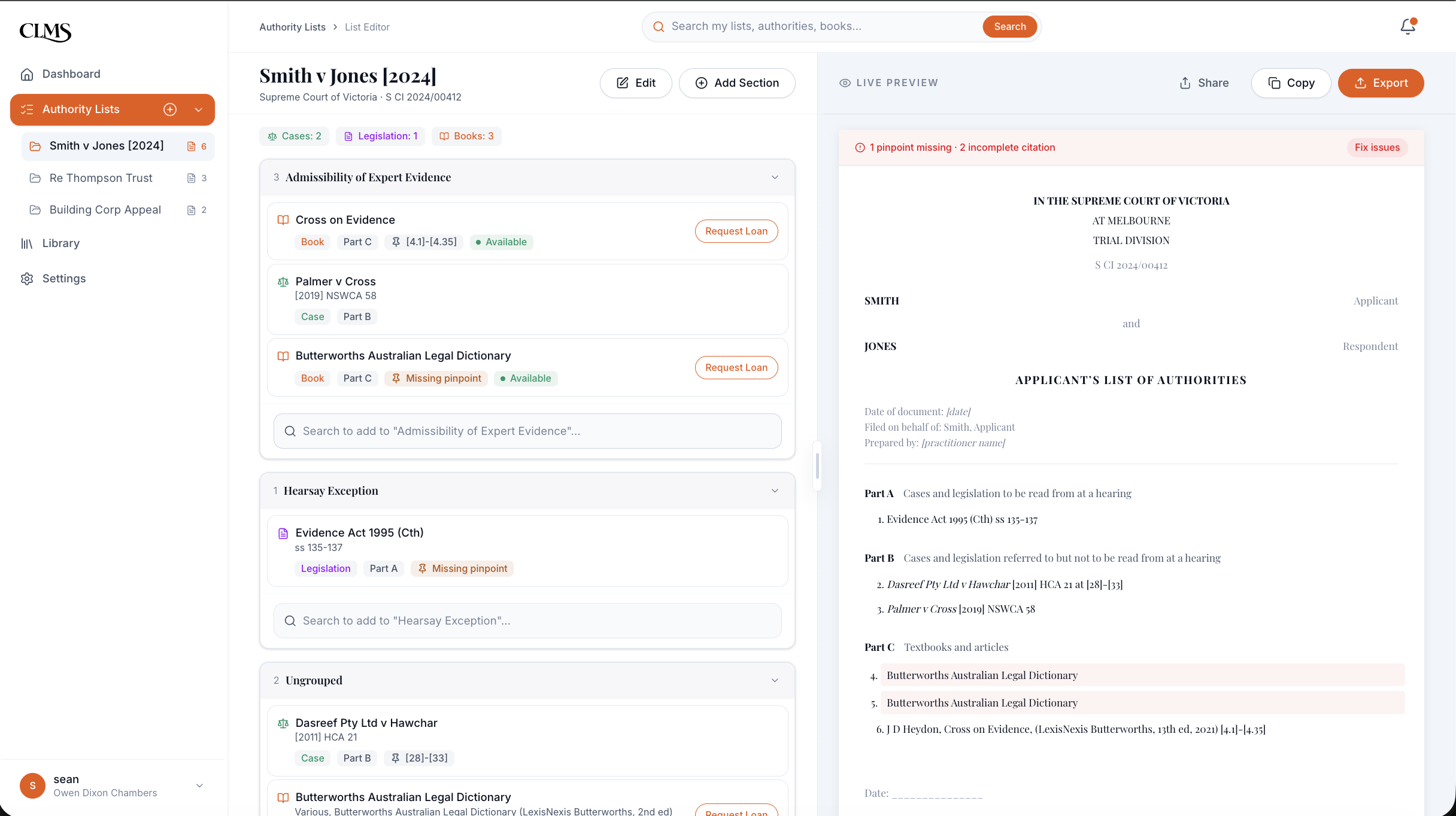 CLMS editor flagging incomplete citations and missing pinpoints