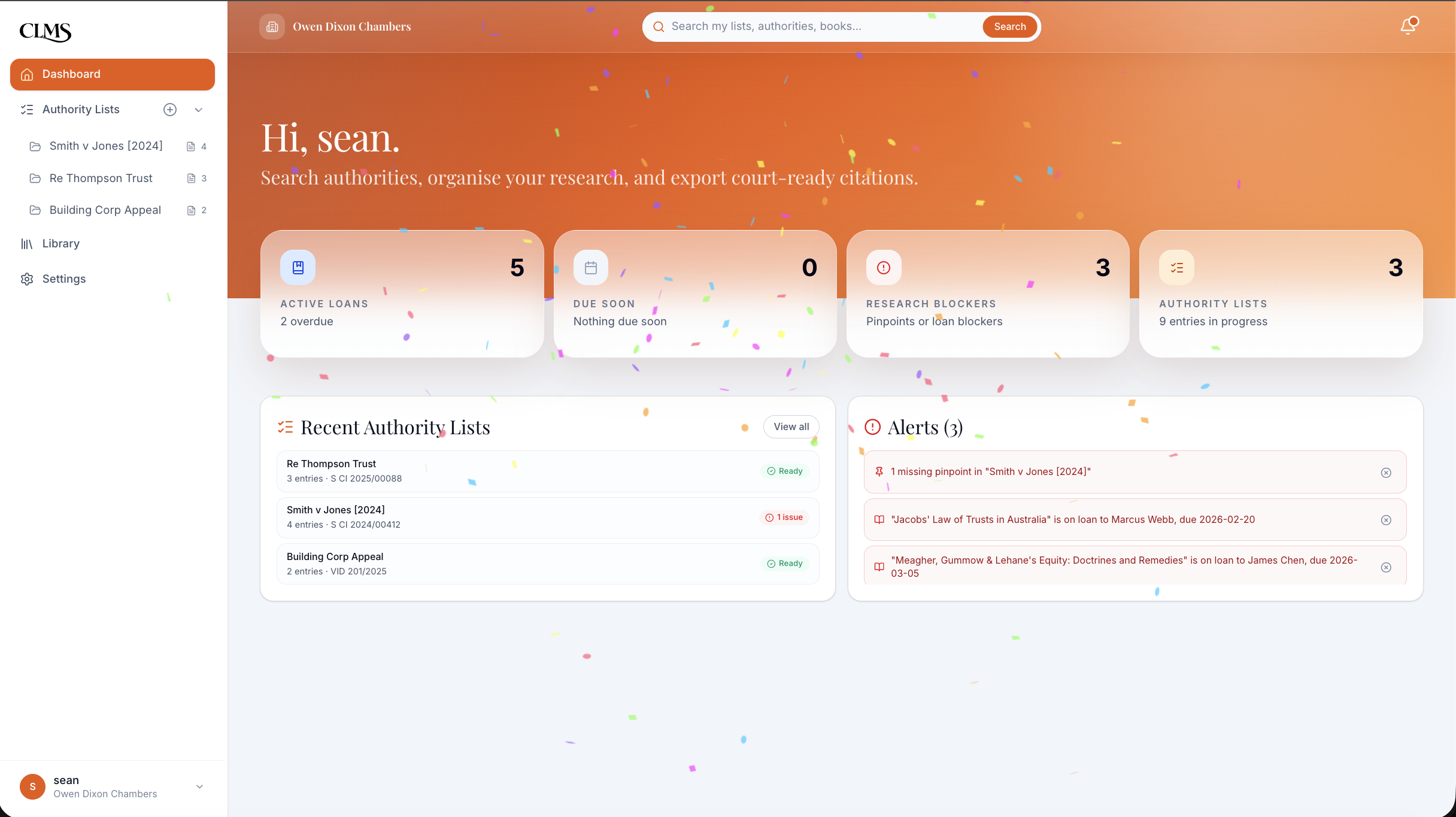 CLMS dashboard: active loans, research blockers, authority lists, and alerts