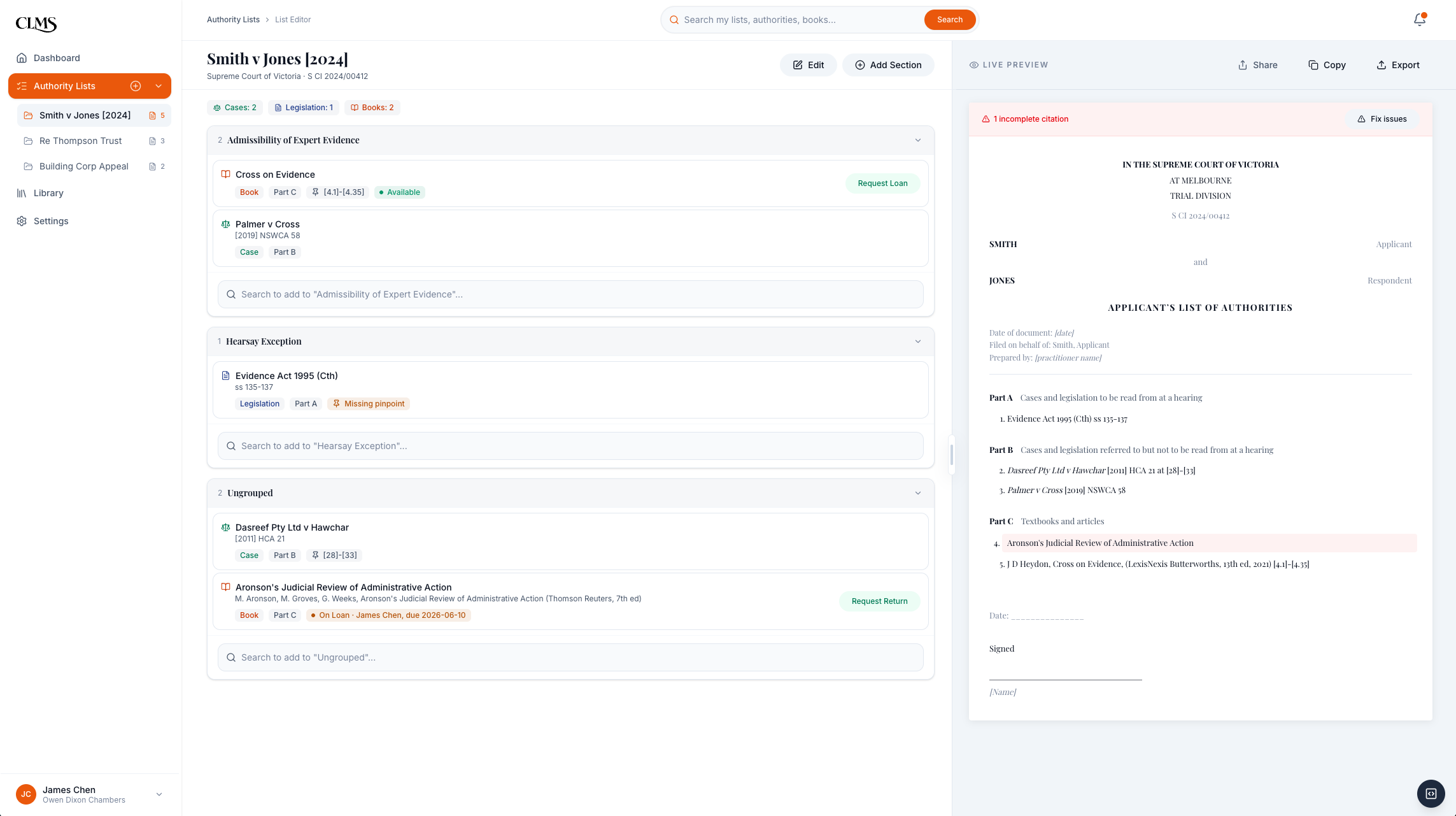 CLMS authority list editor with sections, inline pinpoints, and live court-formatted preview
