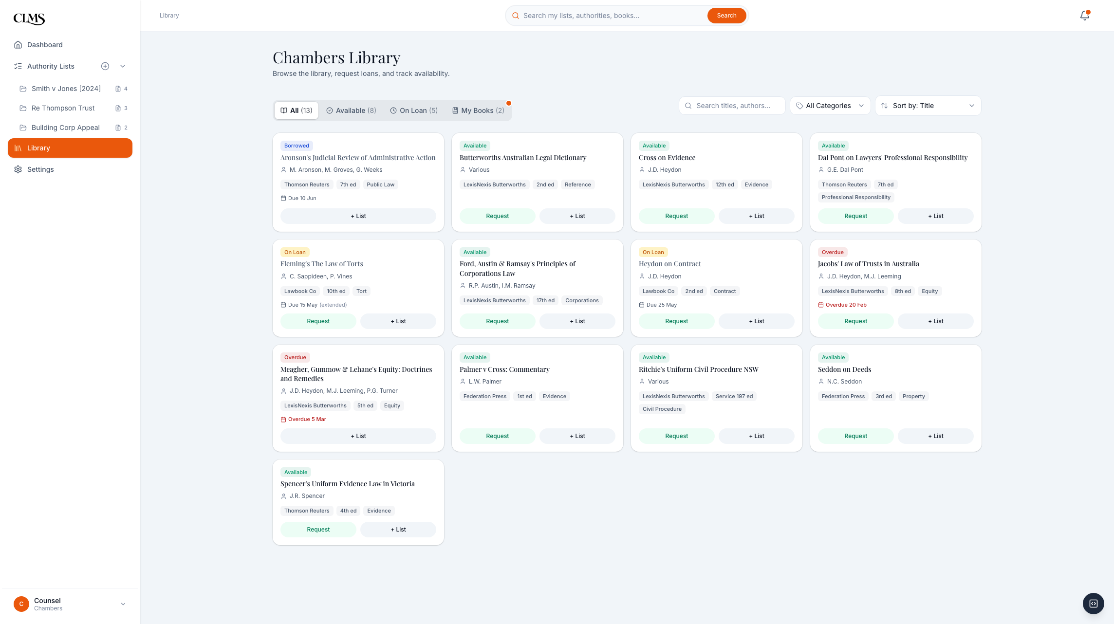 CLMS barrister library with book availability and request buttons