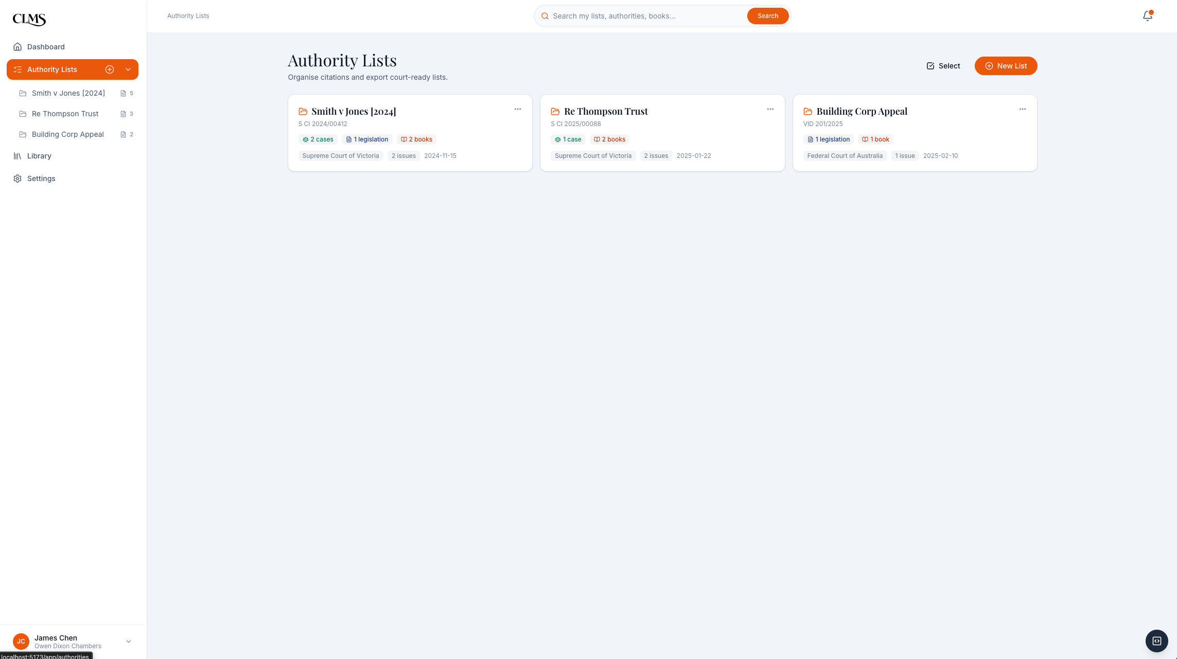 CLMS authority list overview with past matters