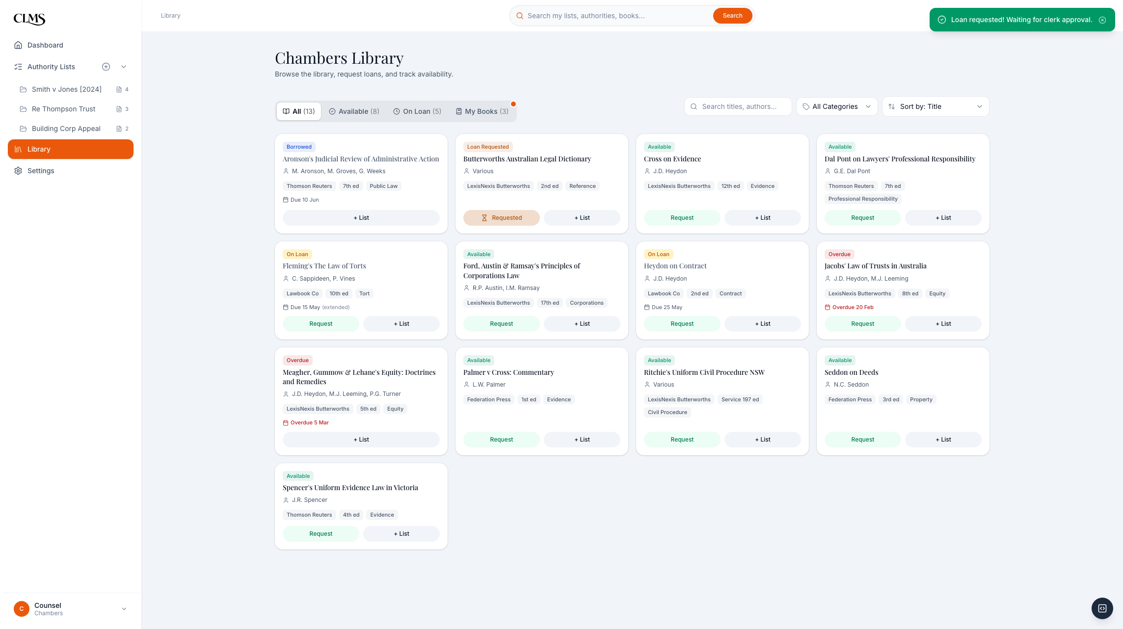 CLMS barrister loan request submitted from the library