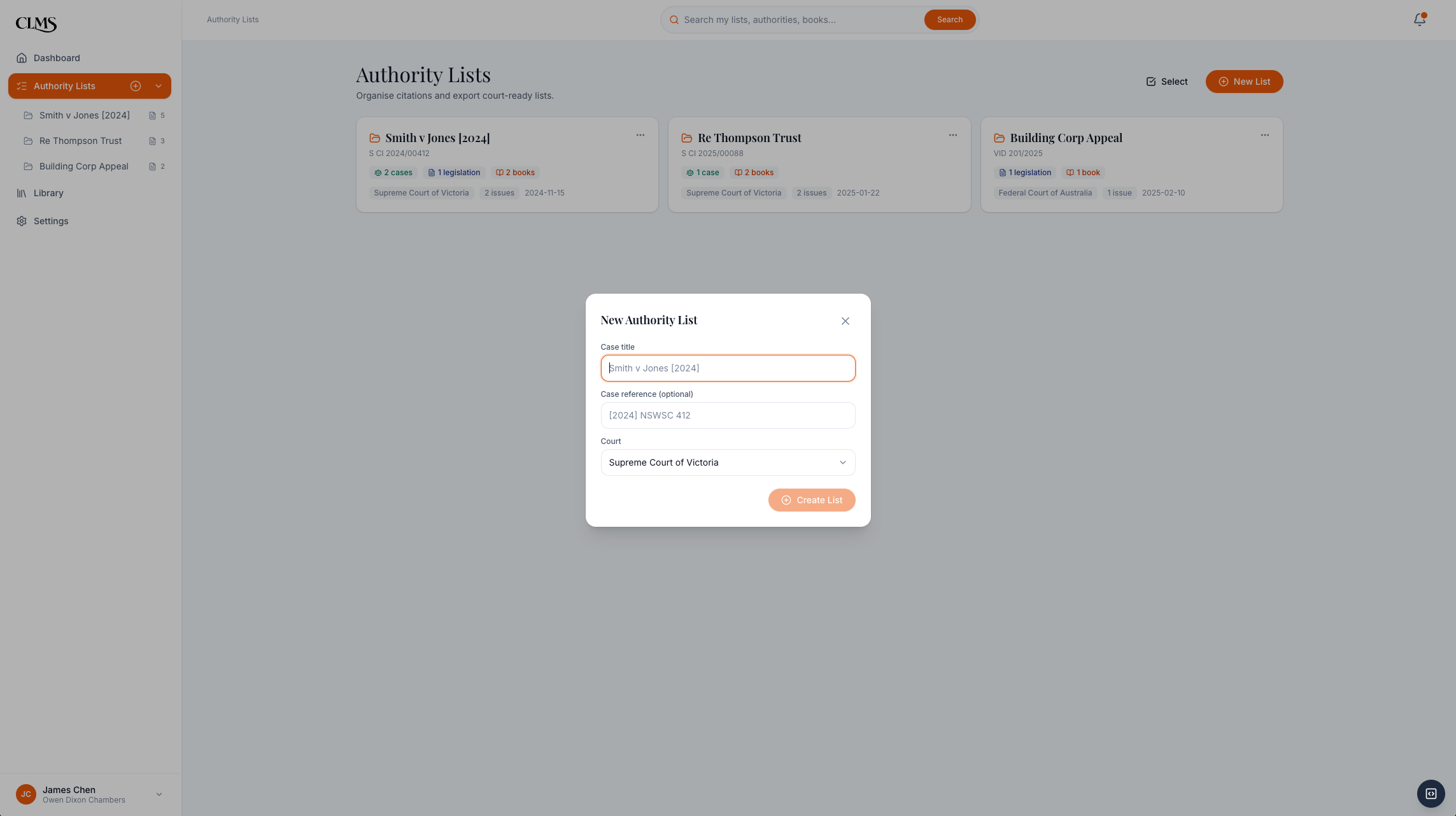 CLMS new authority list setup with court template selection