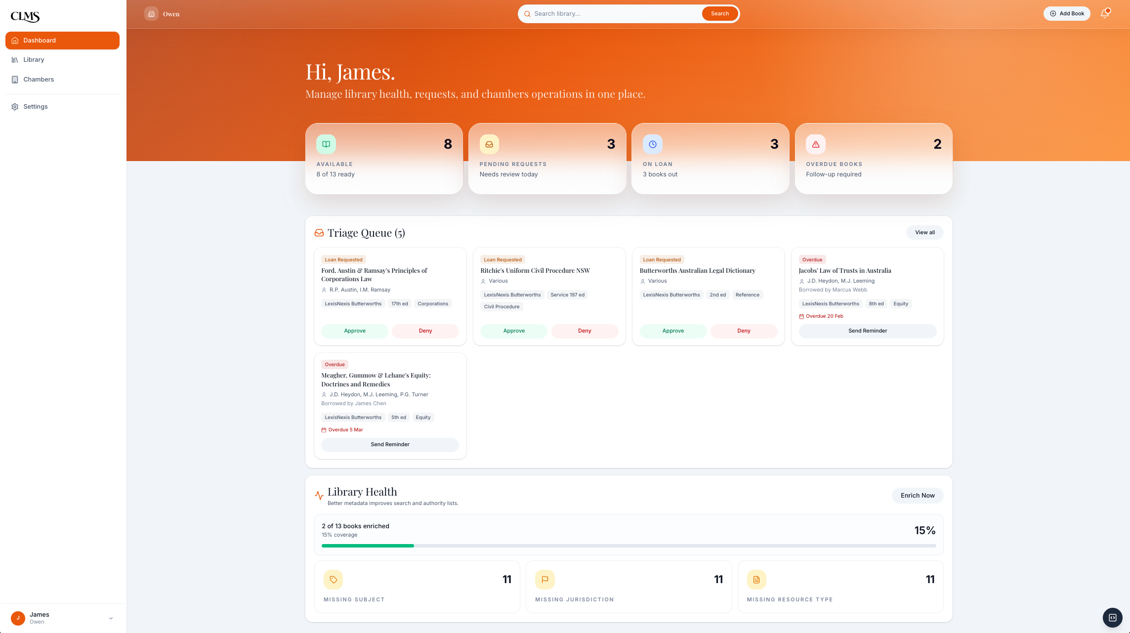 CLMS clerk dashboard with triage queue and library health