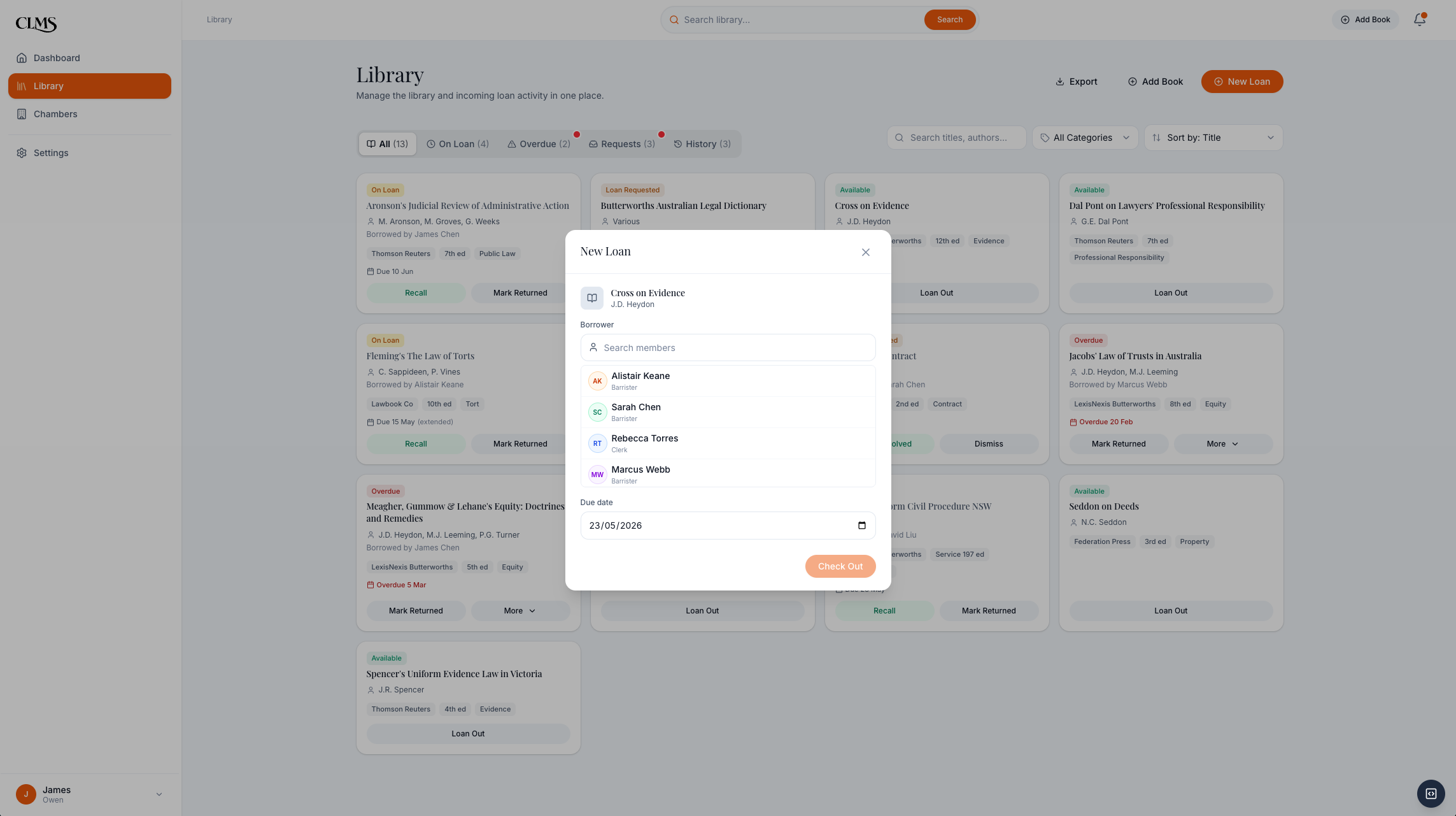 CLMS clerk new loan checkout modal