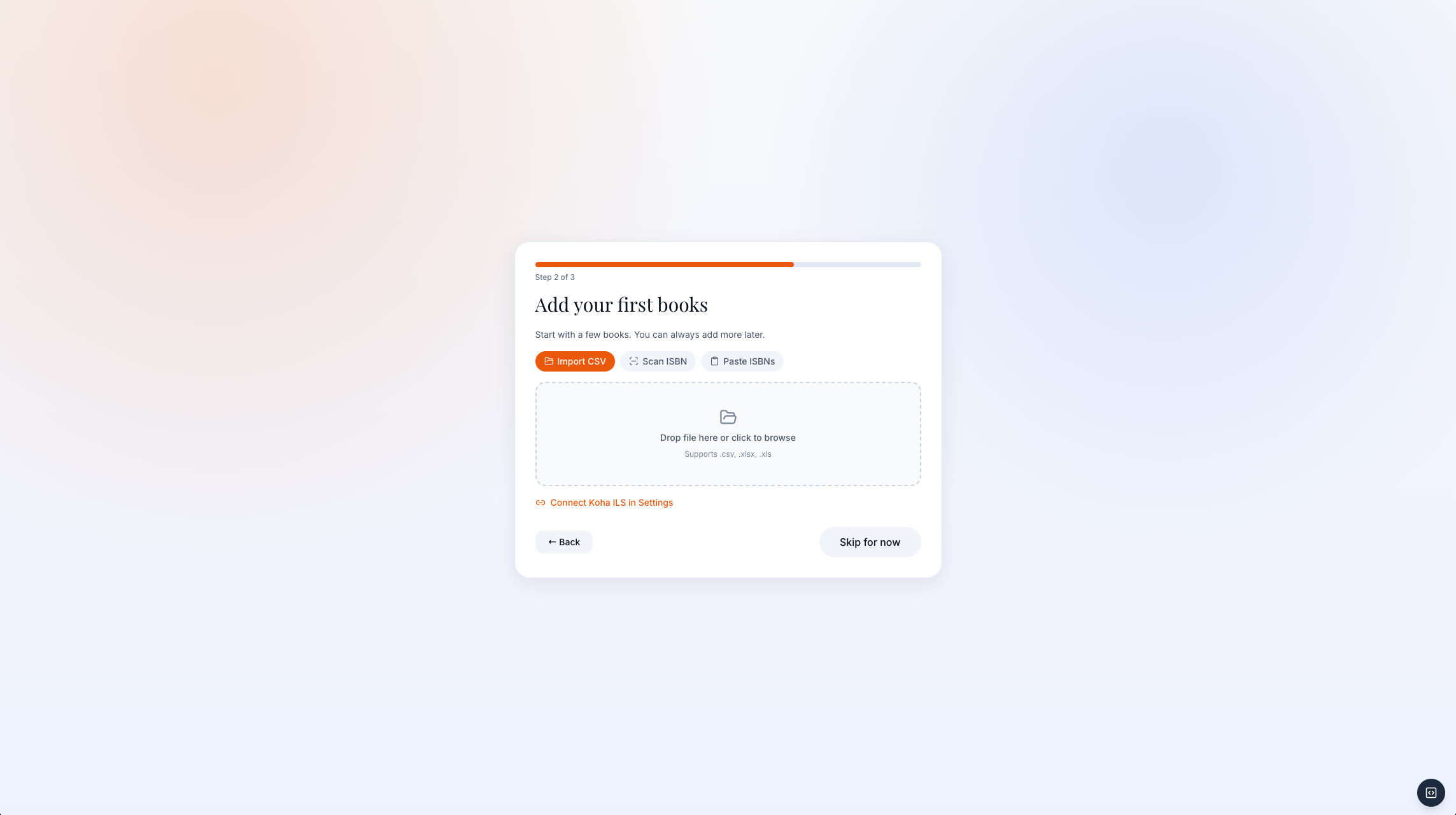 CLMS clerk onboarding import step with CSV, scan ISBN, and paste ISBN options