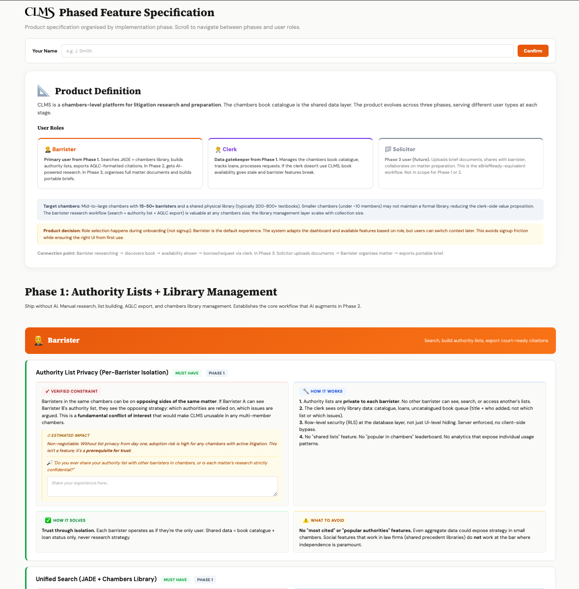 CLMS product definition: three phases, role definitions, and Phase 1 privacy architecture