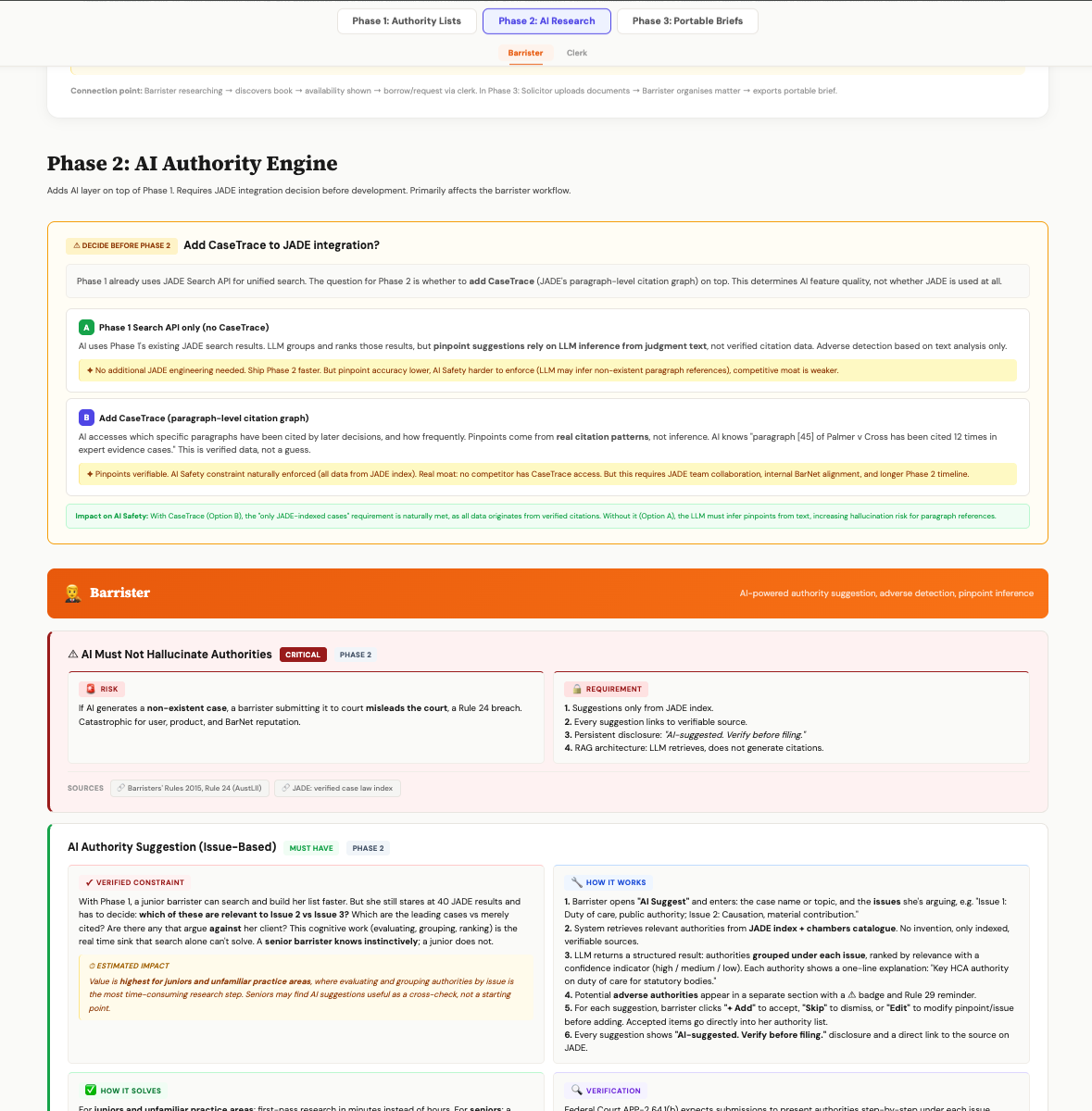 CLMS Phase 2 spec: AI safety constraints, CaseTrace decision, and Rule 24 compliance