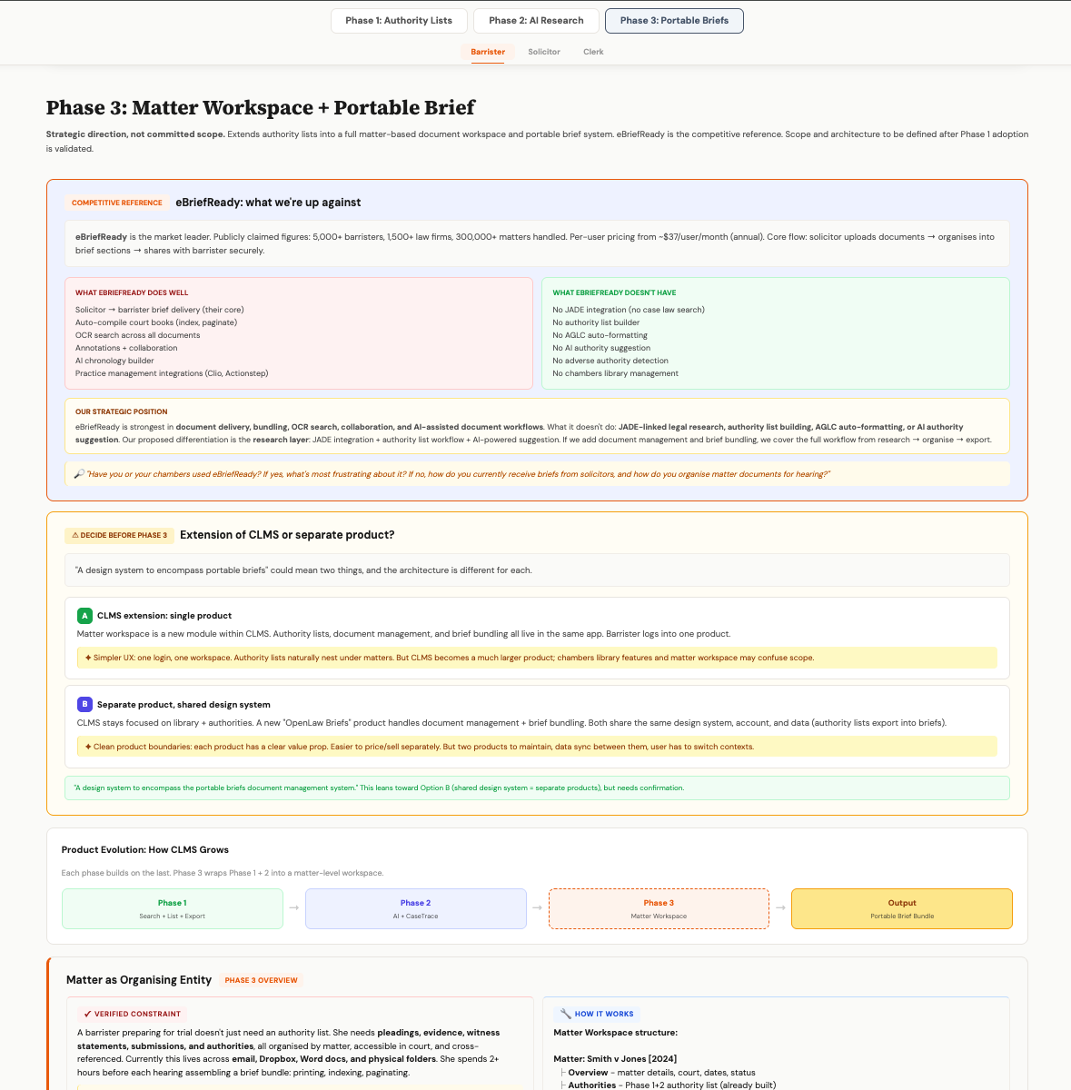 CLMS Phase 3 spec: Portable Brief, eBriefReady competitive analysis, matter workspace