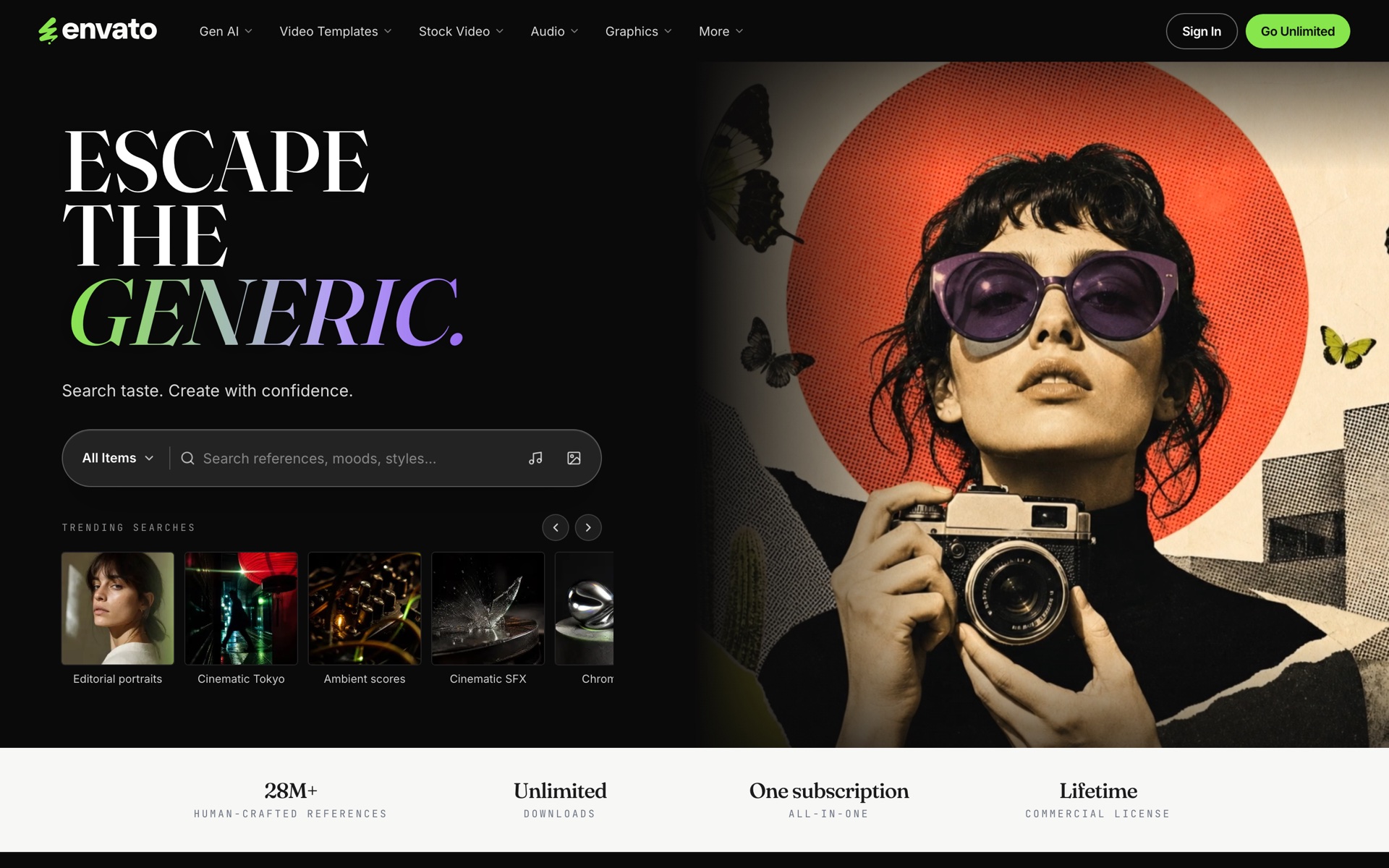 Redesigned Envato Elements homepage hero: Escape the Generic headline, a taste search bar, trending searches, and the 28M+ human-crafted references stat