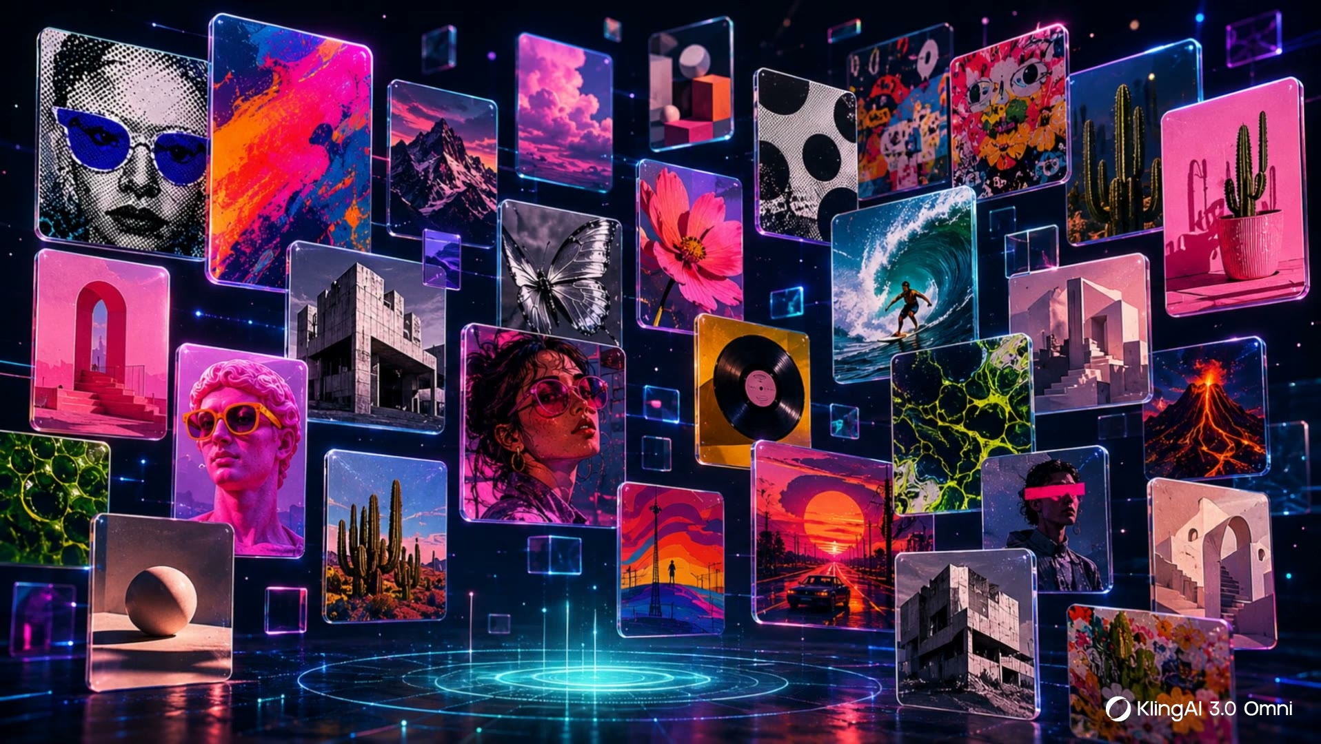 Floating grid of reference images feeding into an AI generation surface