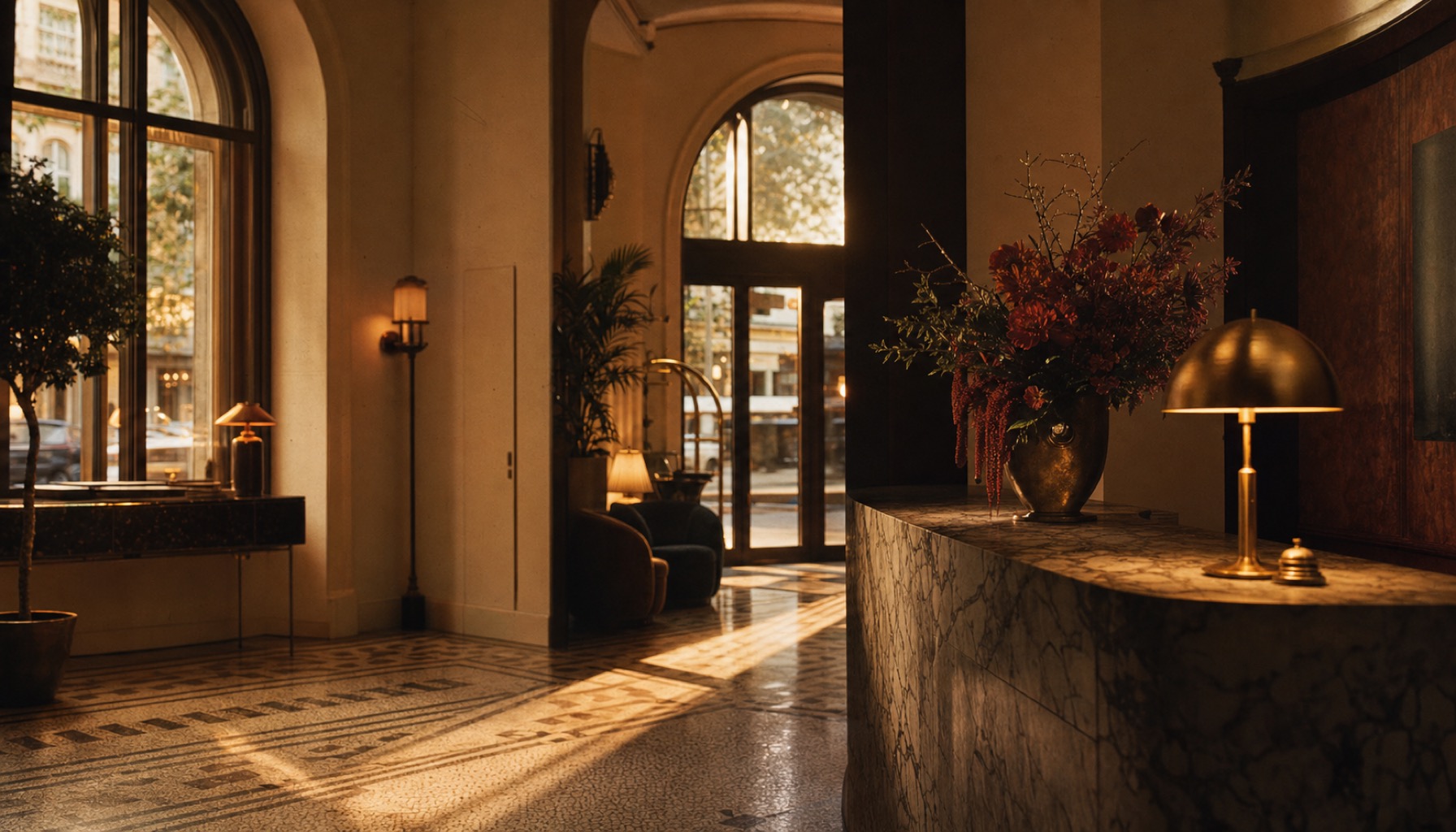 Boutique hotel launch film still, warm interior