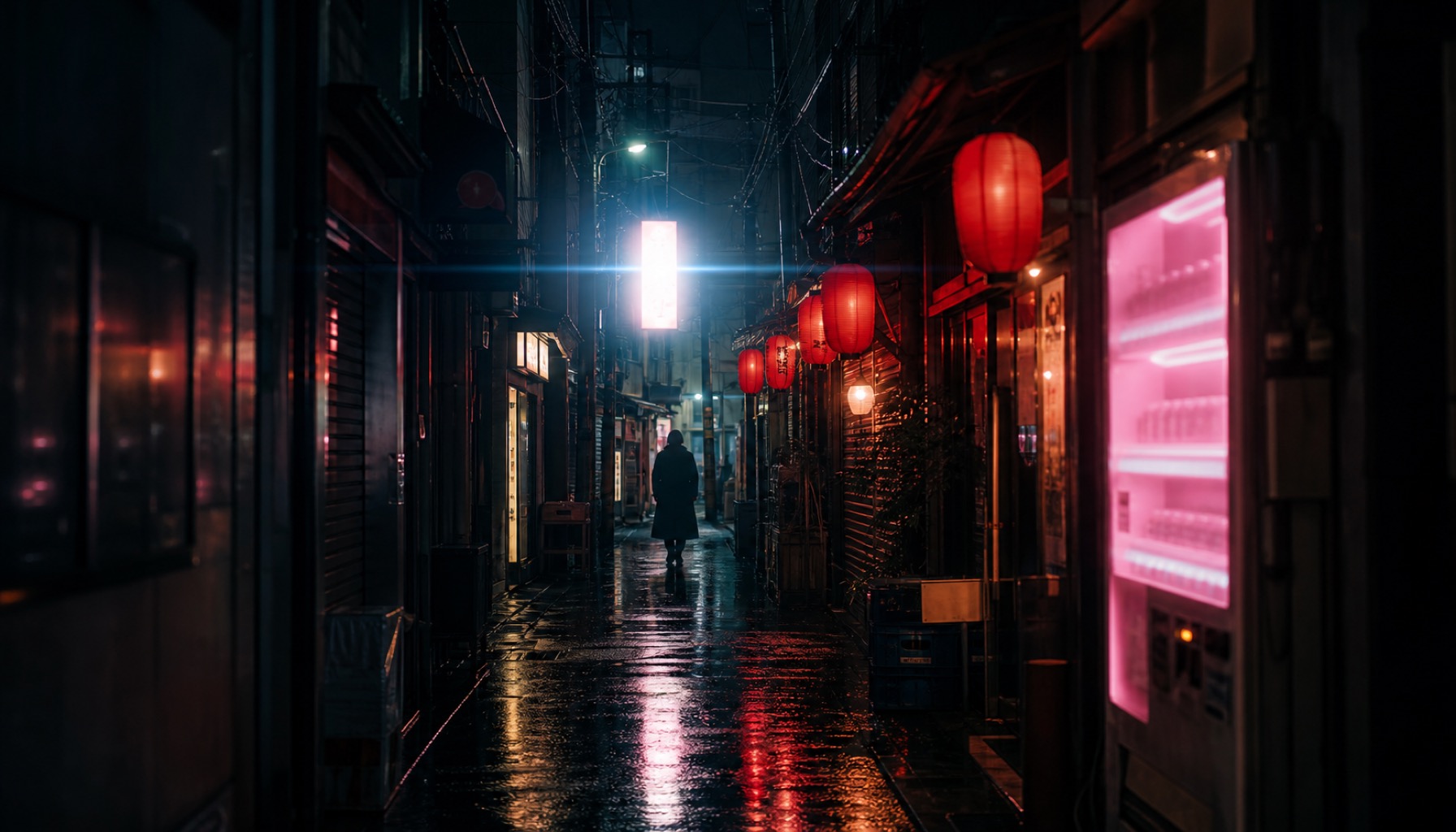 Cinematic Tokyo street still at dusk
