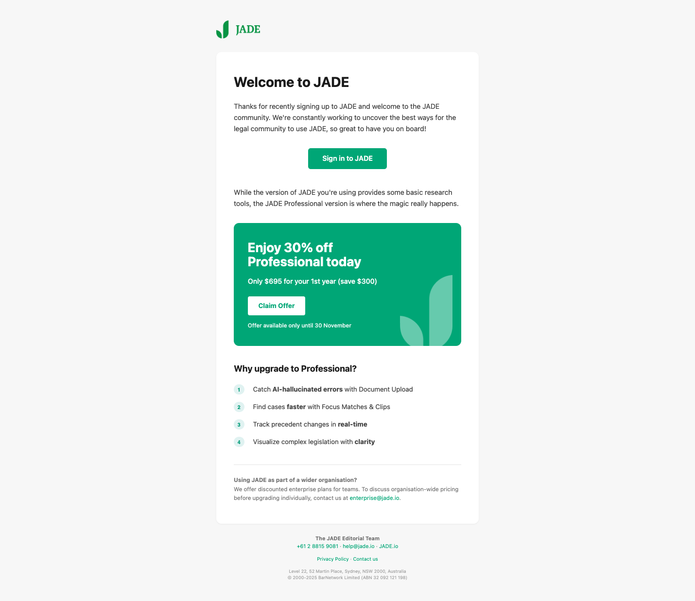 JADE welcome promotional email