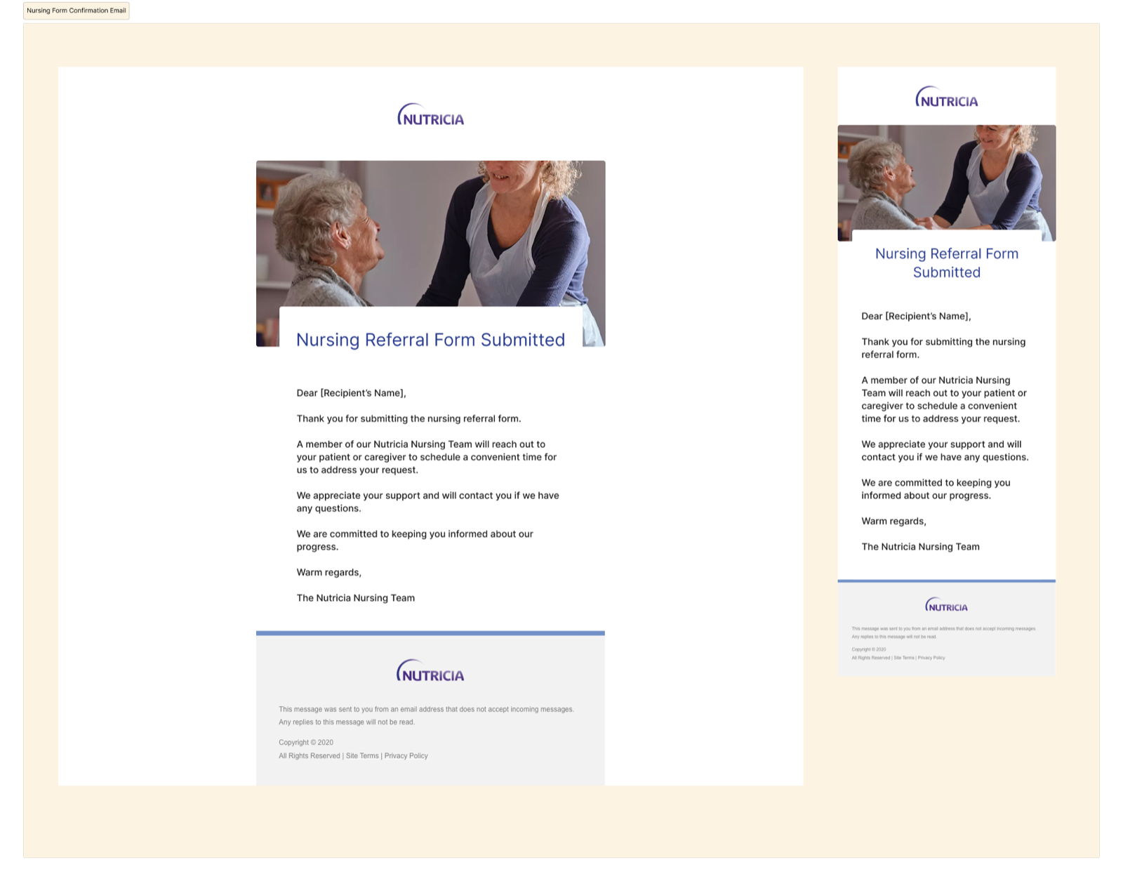 Nursing Referral confirmation email — desktop and mobile responsive