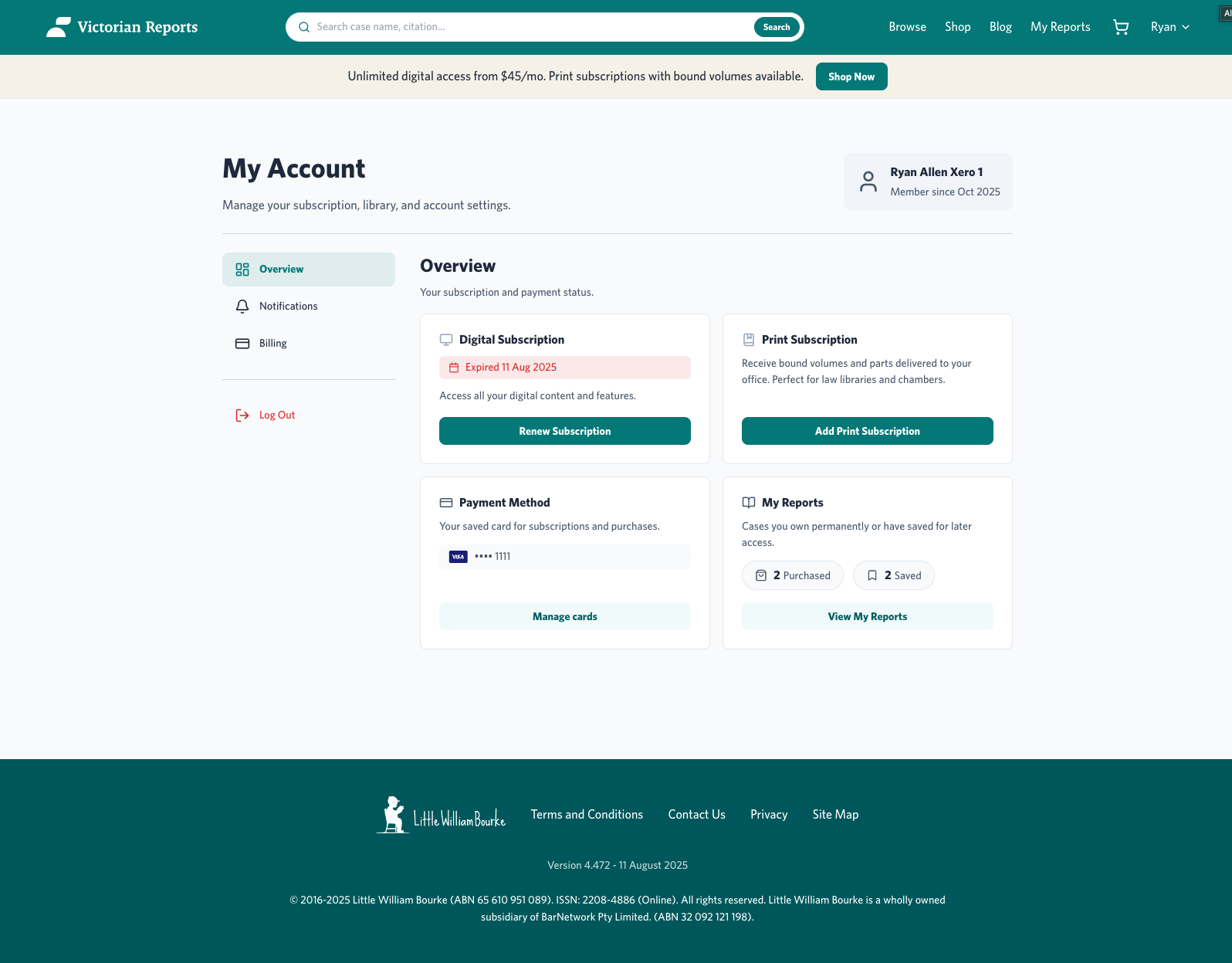 Victorian Reports account dashboard
