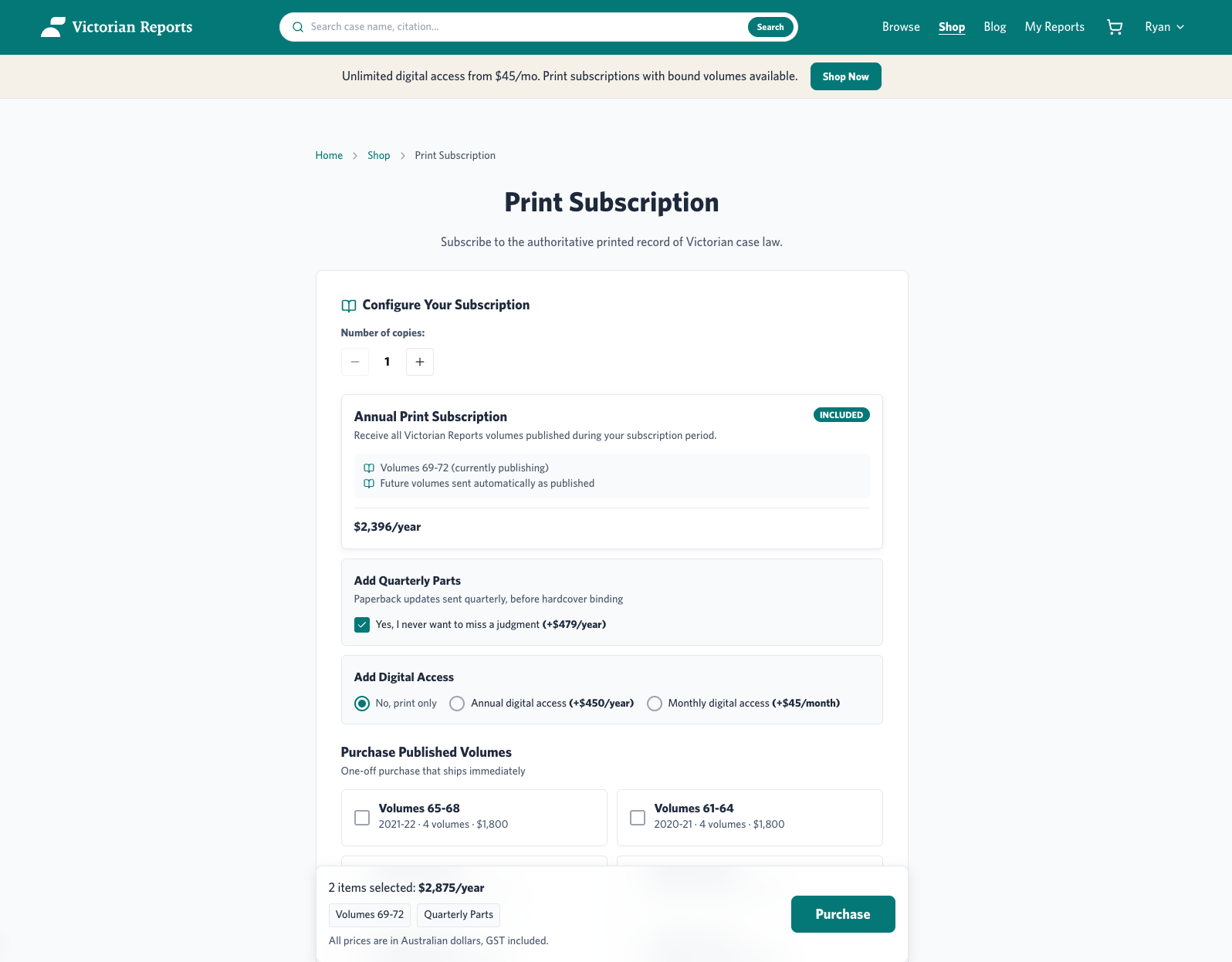 Victorian Reports print subscription page