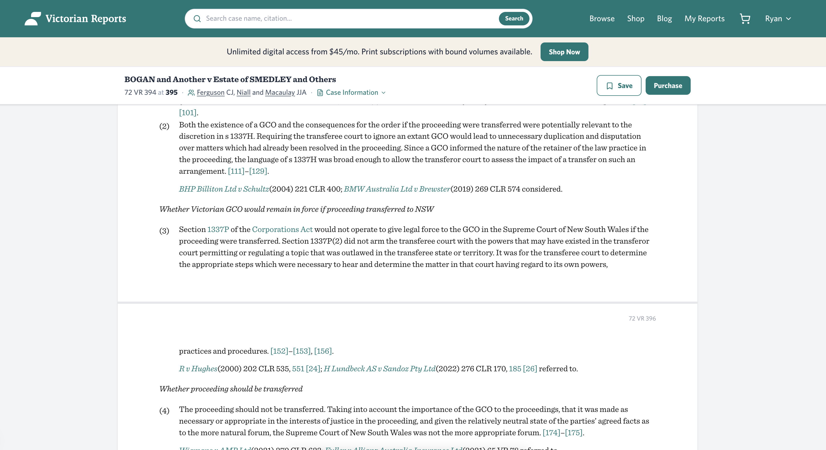 Victorian Reports case reader with legal text structure