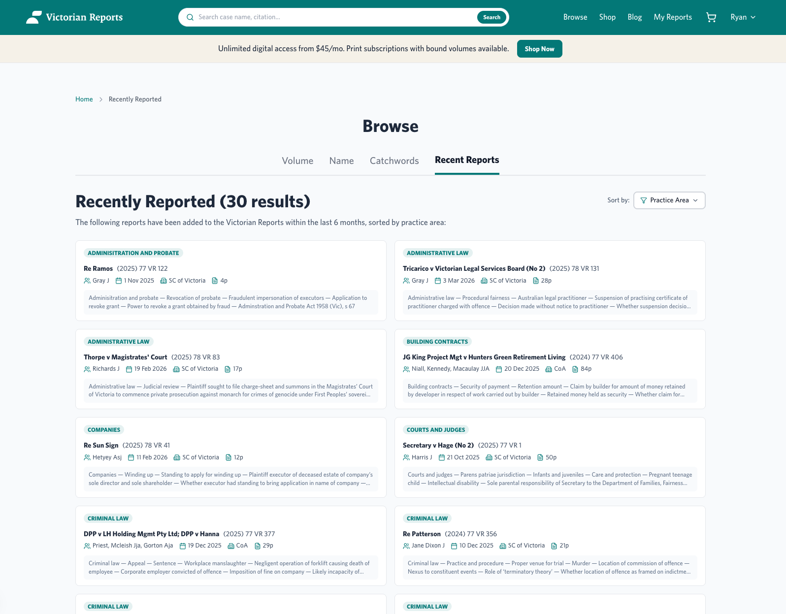 Victorian Reports case browsing with practice area tags